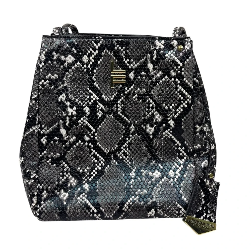 London Fog Snake Print Monochrome Shoulder Bag Gold Logo Y2K Double‎ Straps